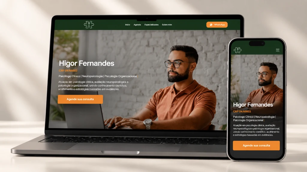 Site de Higor Fernandes Psicologia apresentado em computador e celular
